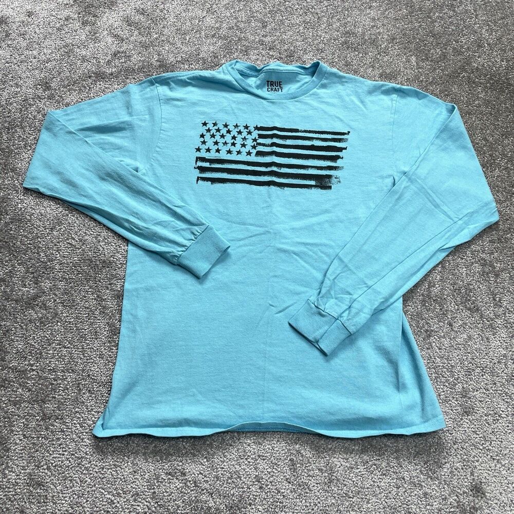 True Craft Shirt Mens Medium Light Blue Long Sleeve Cotton USA Flag American Tee